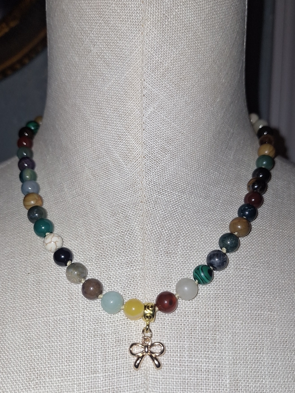 Varied Gemstone Beaded Necklace with Gold Bow Charm